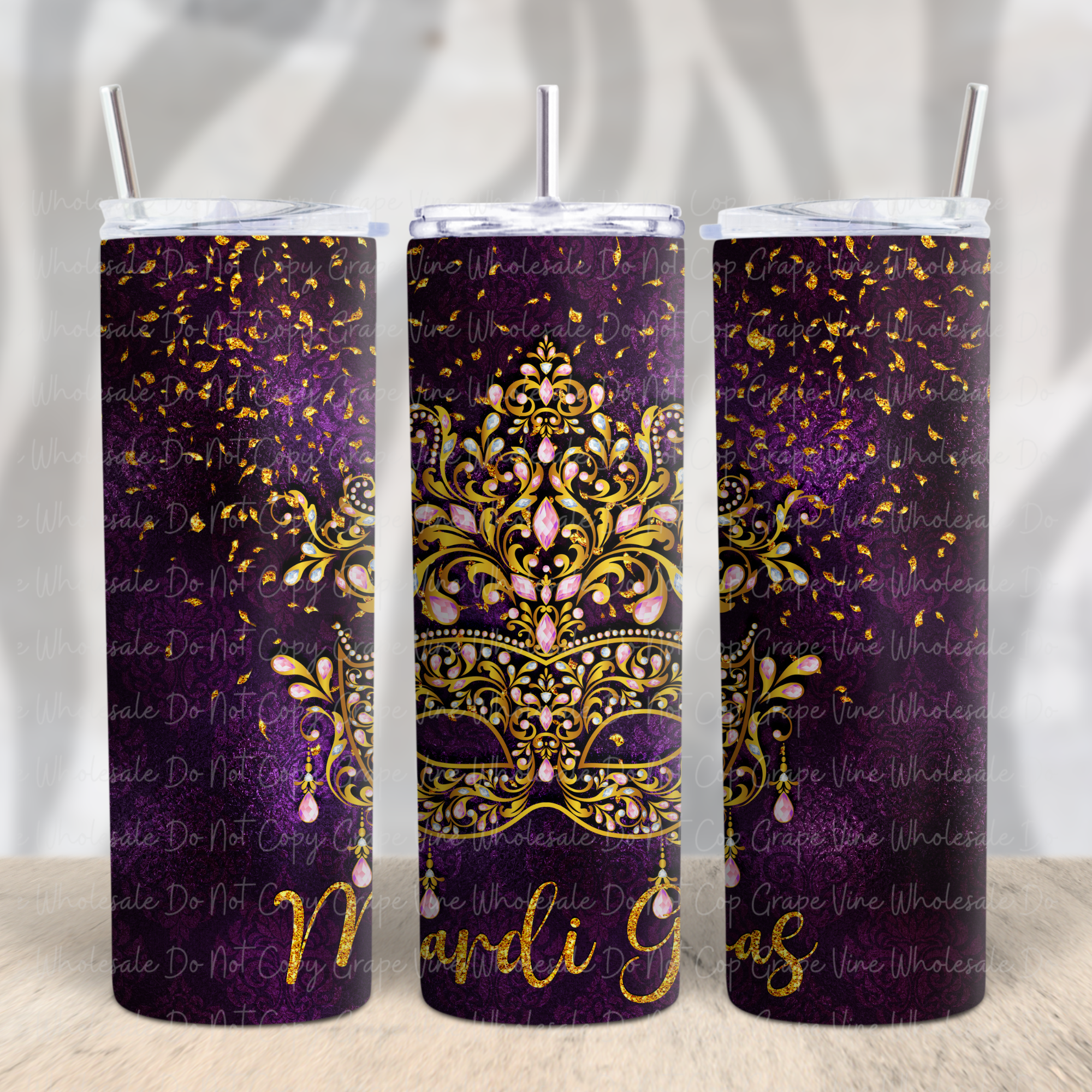GrapeVineWholesale – wholesale Insulated mug/tumbler – Purple Mardi Gras with Gold Mask 20oz Tumbler0