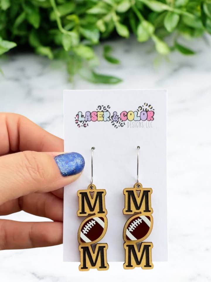 Football Earrings, Sports Earrings, Football Mom Earrings for wholesale by Laser & Color Designs LLC