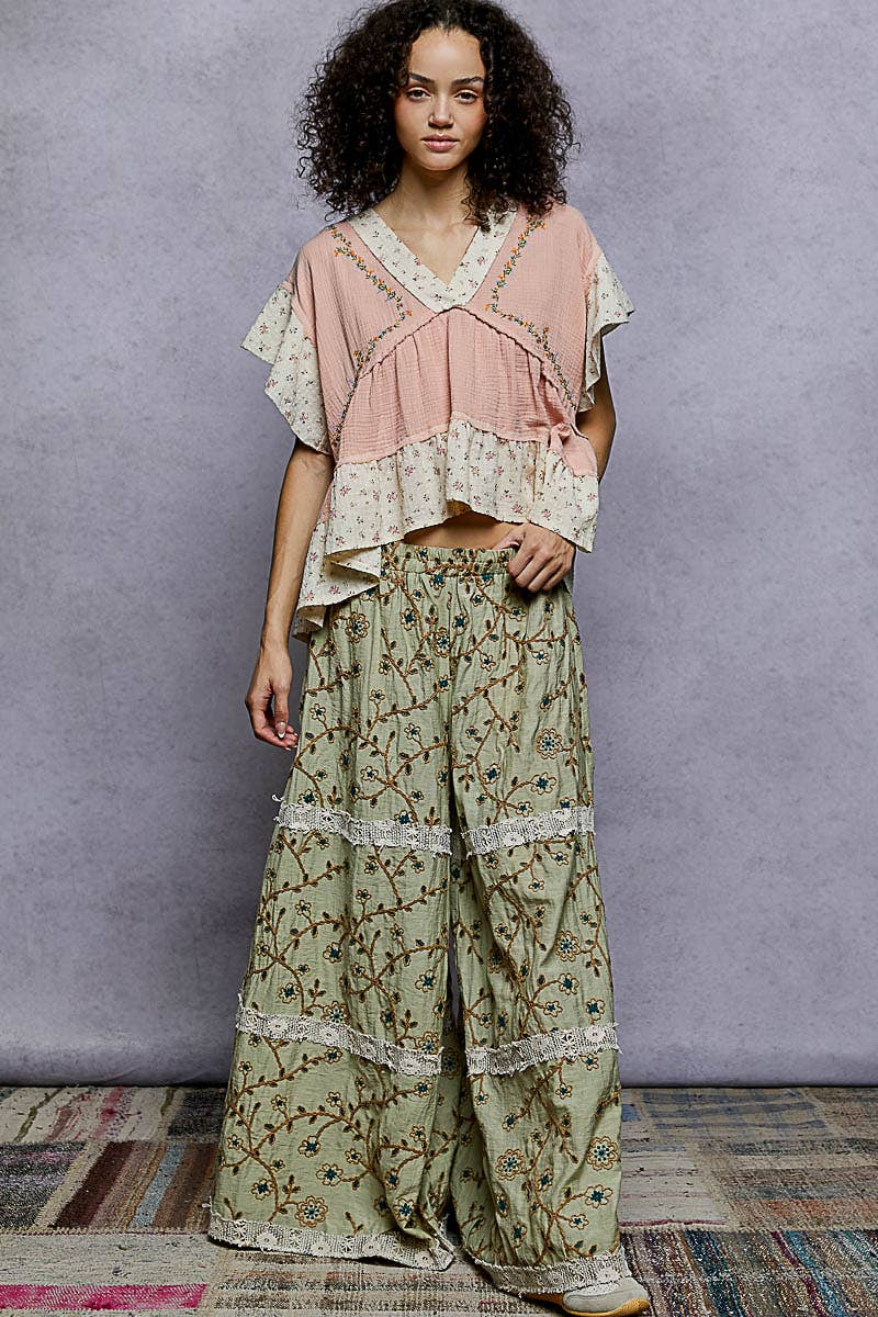 Pol Clothing - Wholesale Pants - Women's - Crochet lace patch embroidered woven floral pattern pants13