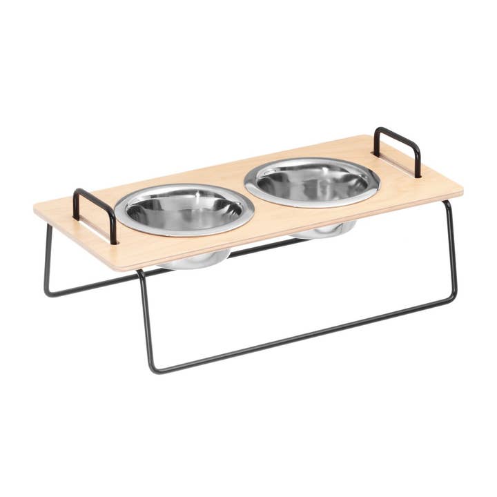 THINK TODAY - Wholesale Drinkbak - Kat/Hond - Wuff`s Feeder Small - Houten berken multiplex/zwart frame
