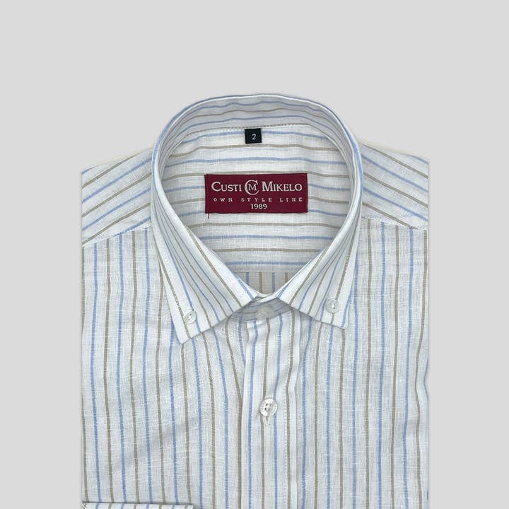 Chemise en lin à rayures bleu clair Manacor pour la vente par Custi Mikelo: Made in Spain