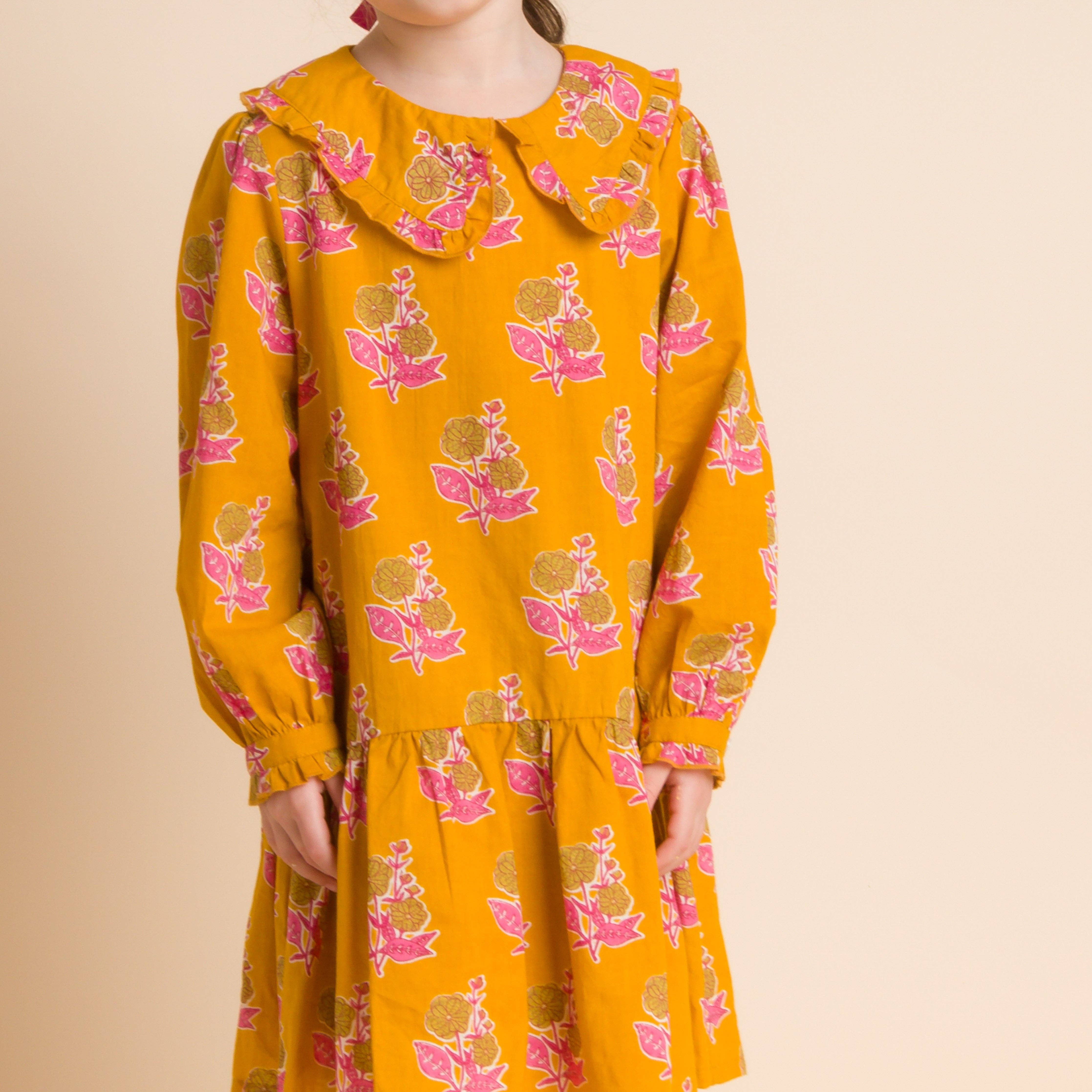 Beet World - Wholesale Dress - Kids - Wide Collar Dress | Mustard Floral2