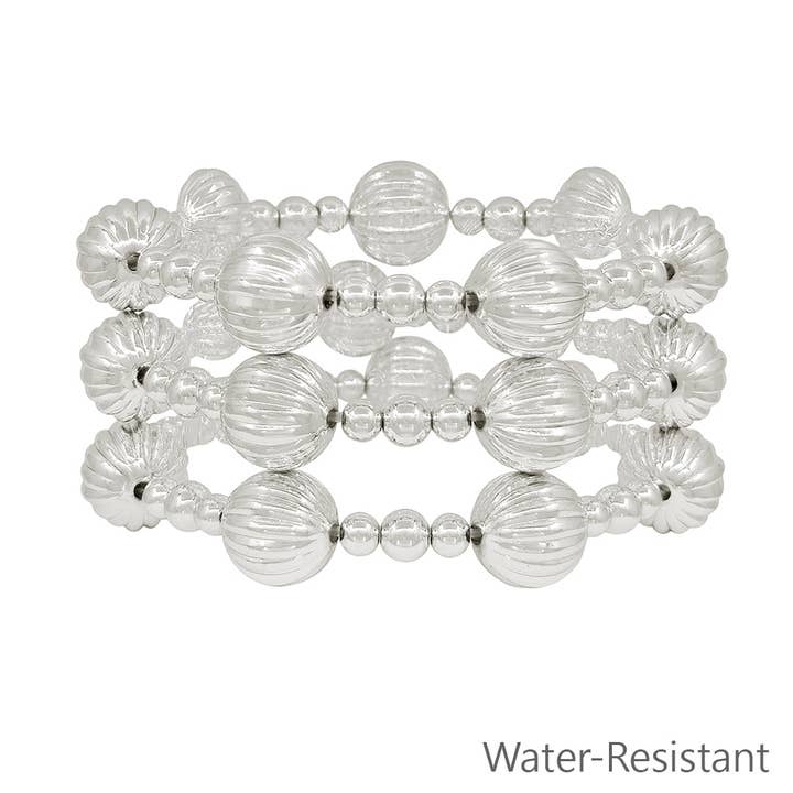 Water Resistant Set of 3 Silver Beaded with 14MM Textured Beaded Bracelet Set for wholesale by What's Hot