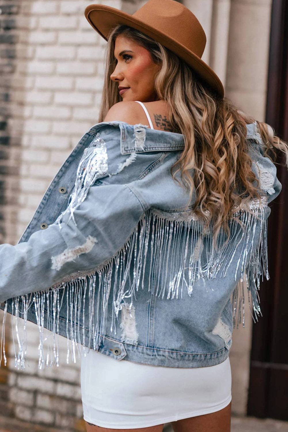 Sky Blue Sequin Embellished Fringe Distressed Denim Jacket for wholesale on Faire2