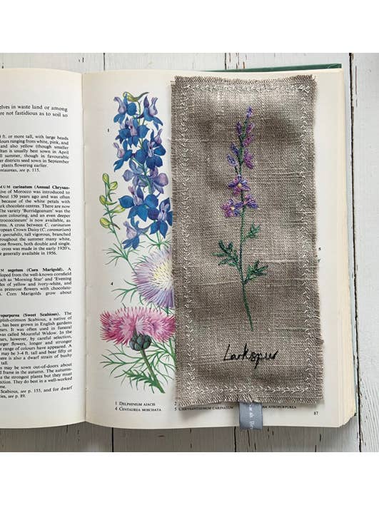 Larkspur Flower Embroidered Bookmark for wholesale by Sarah Becvar Design