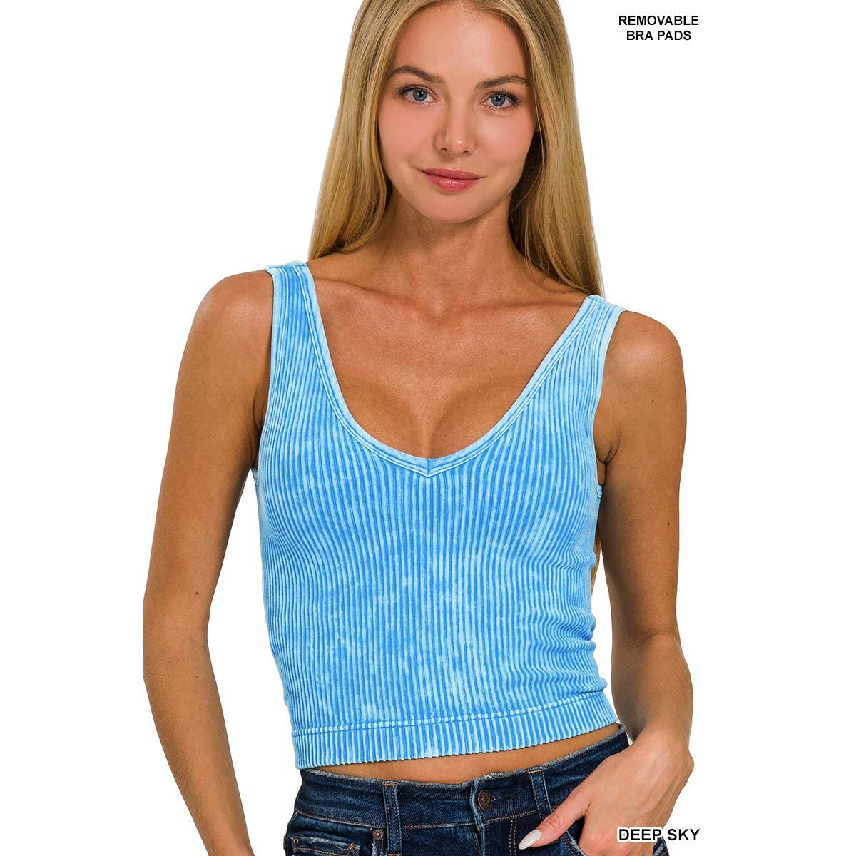 Apolline - Venta al por mayor Camiseta sin mangas - Mujer - SUJETADOR CORTO ACANALADO LAVADO CAMISETA SIN MANGAS CON CUELLO EN V ZENANA5