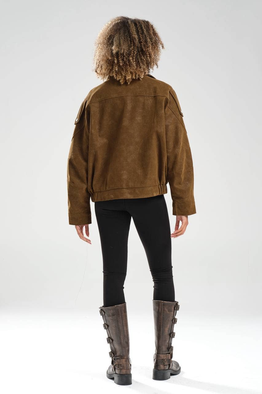 DesignofBoho - Wholesale Jacket - Women's - Oversized Brown Faux Suede Jacket with High Collar and Belt4