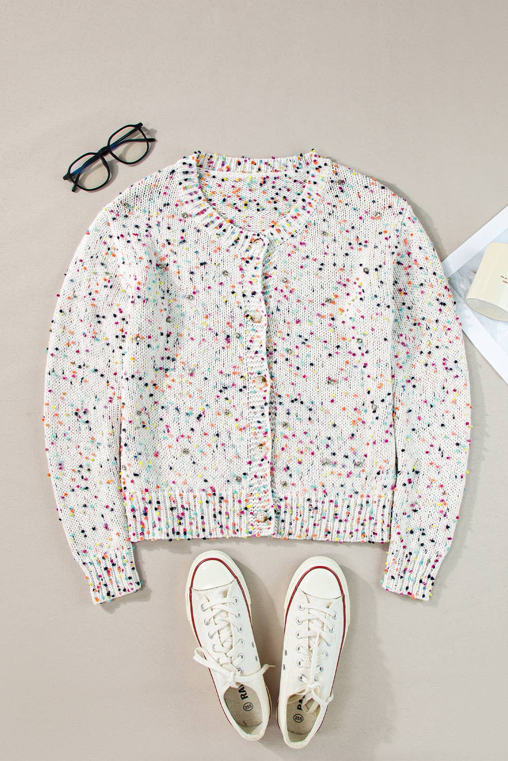 FULL TIME PURCHASE - Wholesale Cardigan - Women's - Rhinestone Decor Multicolor Confetti Sweater Cardigan
9