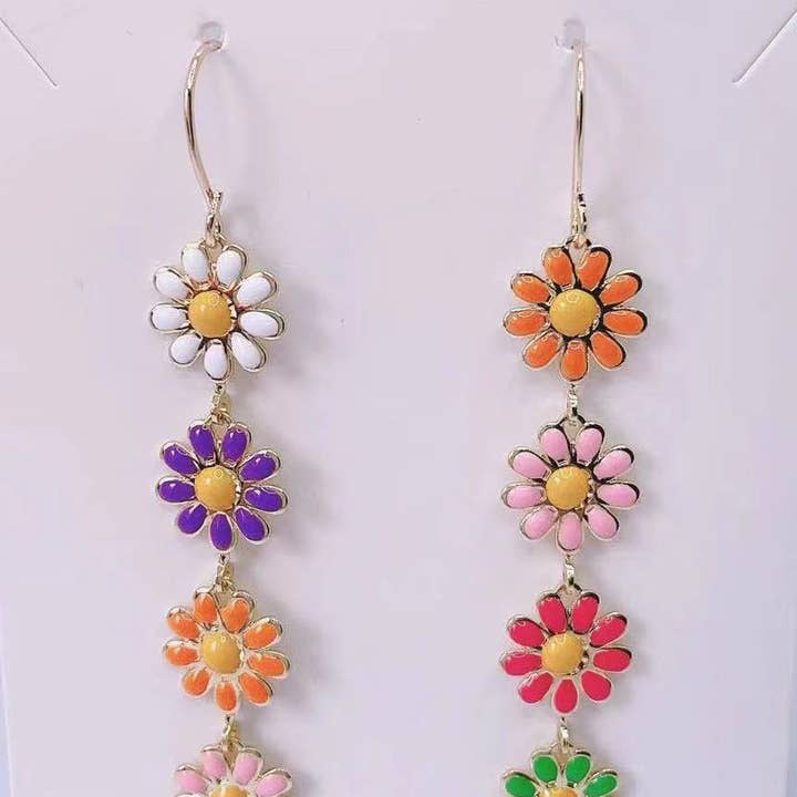 Drop and Dangle Hand Assembled Multicolor Daisy Earrings  for wholesale by Purple Myrtle