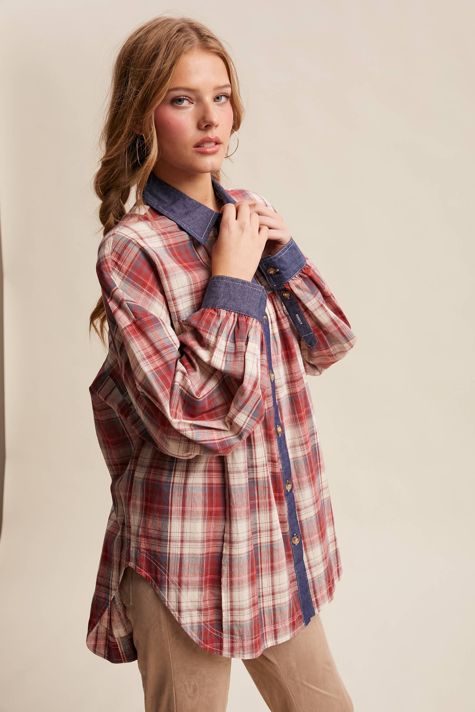 Listicle - Wholesale Button Down Shirt - Women's - Mixed Plaid Oversized Button-Down Shirt LJ020522