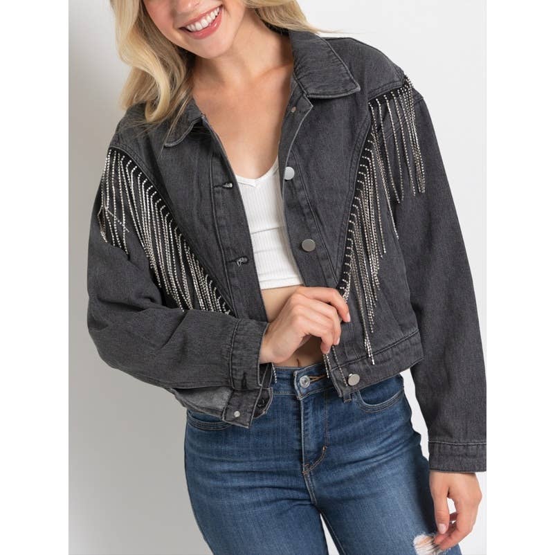 Coloring You - Wholesale Spijkerjack/spijkerjas - Dames - CROP SPIJKERJACK MET STRASDETAILS EN FRANJES 1