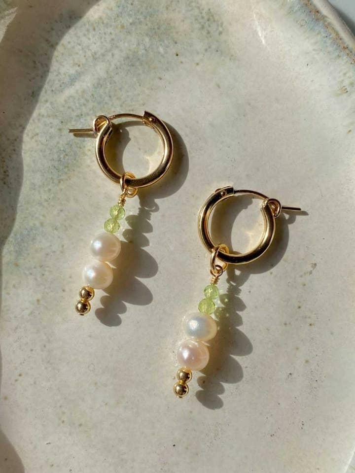 Peridot & Pearl Huggie Earrings for wholesale by Angela Wozniak Jewellery