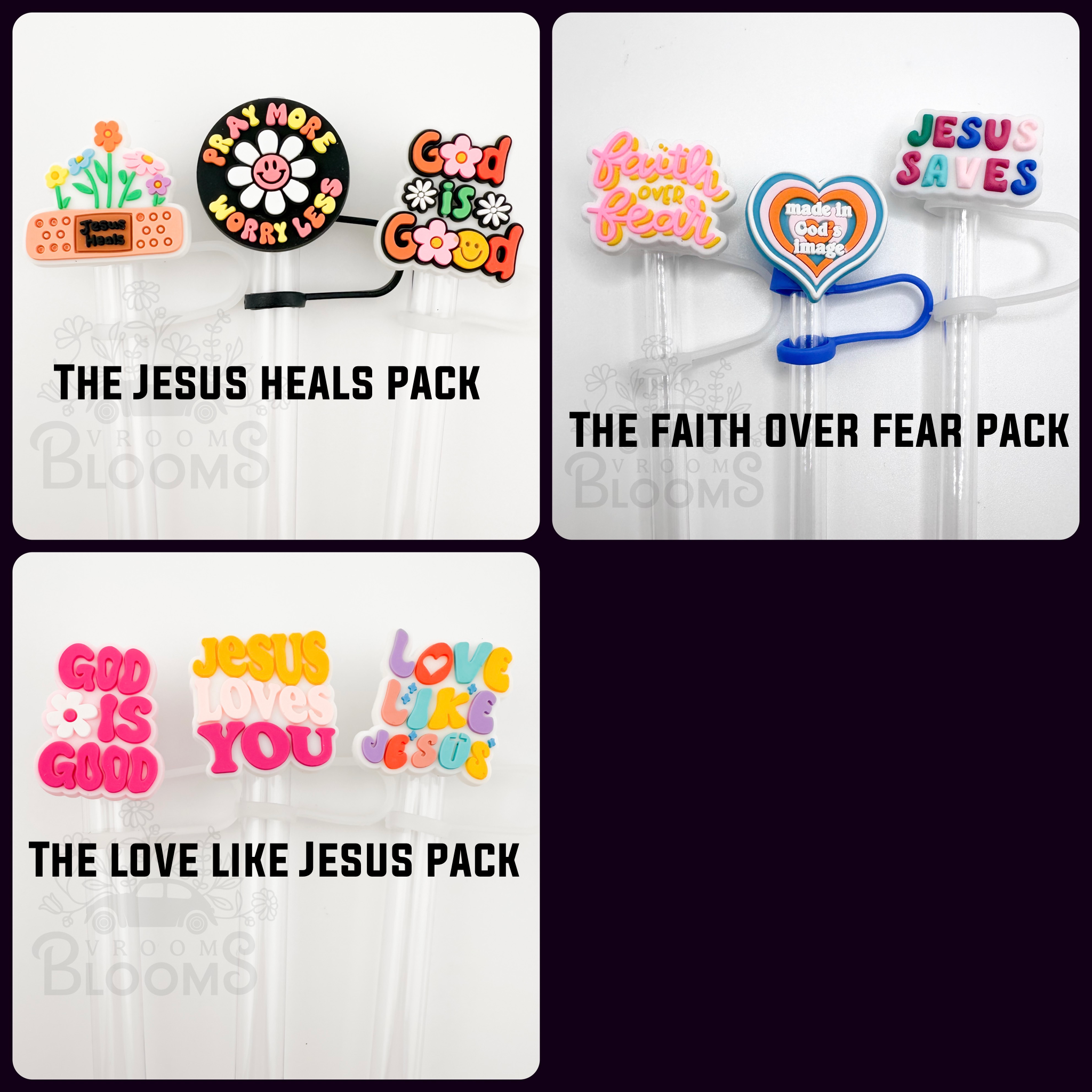 Vroom Blooms - Wholesale Drinking Straw - Straw Topper 3 pack - Christian Jesus Heals, God is Good1