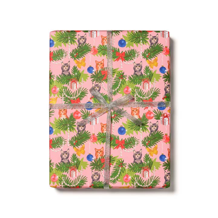 Red Cap Cards - Wholesale Flat Wrap - Meowy Christmas holiday wrapping paper