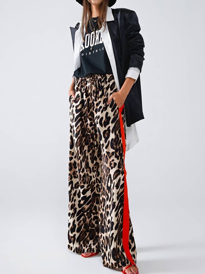 Leopard Print Colorblock Side Striped Wide Leg Pants for wholesale by HIDDENBRAND