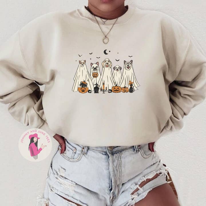 Johnny and June Tees - Wholesale Graphic Sweatshirt - Women's - Ghost Dog Halloween Sweater, Dog Halloween Costume, Funny