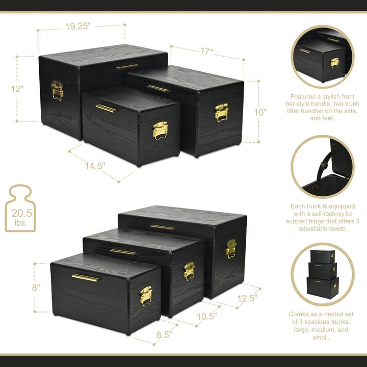 Cheungs Home Decor - Wholesale Trunk - Sable Set of 3 Trunks with Gold Handles3