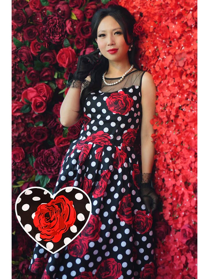 Dolly & Dotty - Wholesale Dress - Women's - Elizabeth Vintage Style Polka Roses Party Dress in Black-Red