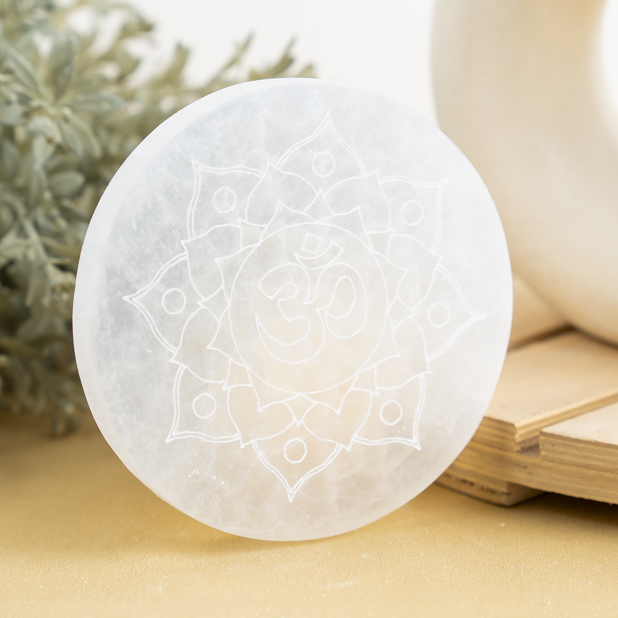 Soothing Crystals - Wholesale Crystal Charging Plate - 4" Selenite Plate | Om Selenite Plate | Charging Plate5