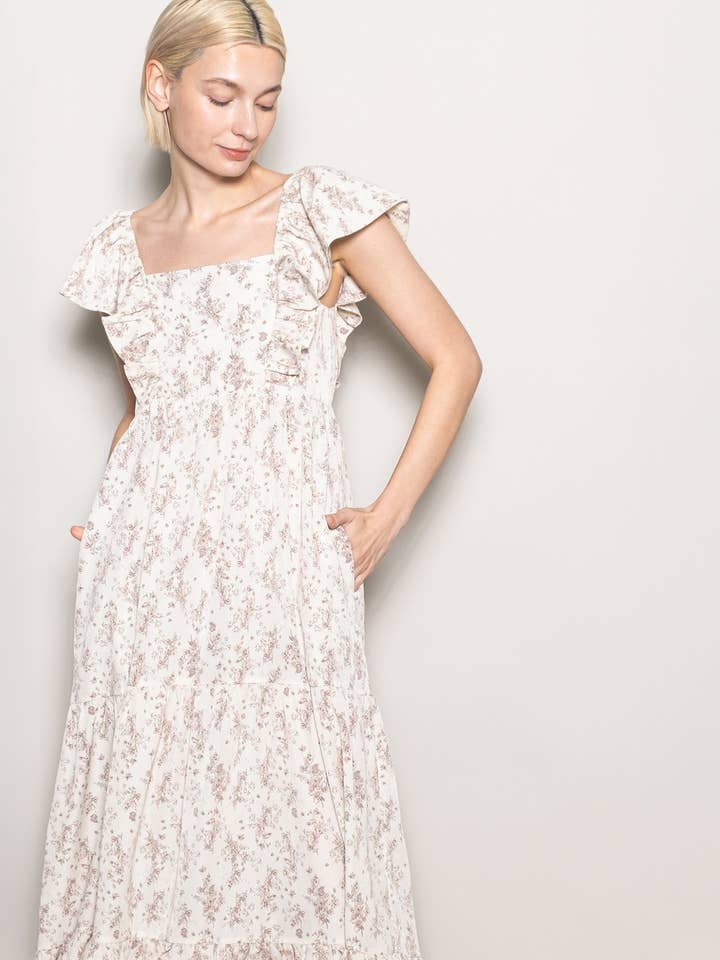 Elloh Collection - Wholesale Dress - Women's - On Off Shoulder Ruffle Sleeve Wide Flare Tiered Maxi Dress7