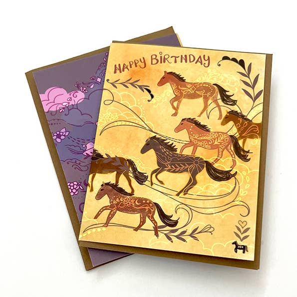 Horse Birthday Card - horse lover galloping horses art cards for wholesale by Cynla