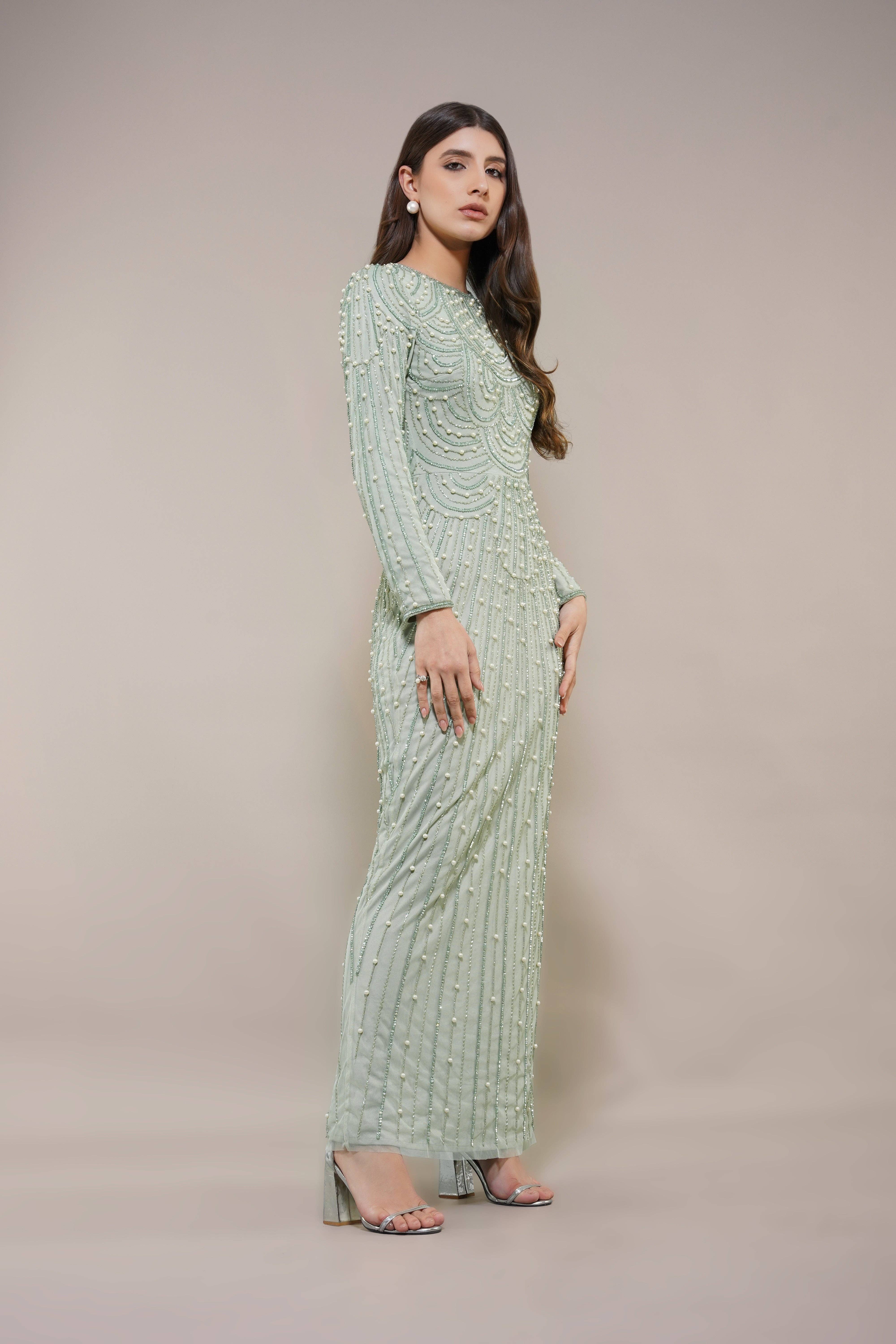 Mabel Embellished Maxi Dress in Pistachio for wholesale on Faire4