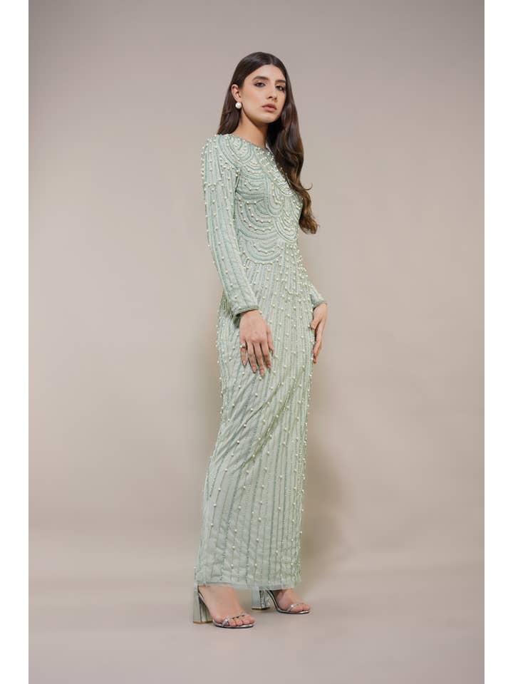 Mabel Embellished Maxi Dress in Pistachio for wholesale on Faire4