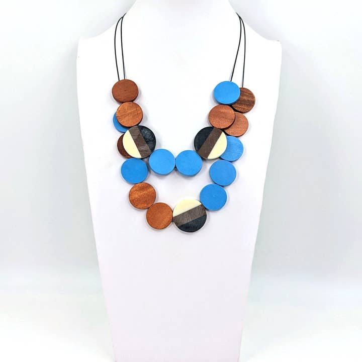 Double layer contemporary wood disc necklace with fused resin accents for wholesale by Tempest Designs