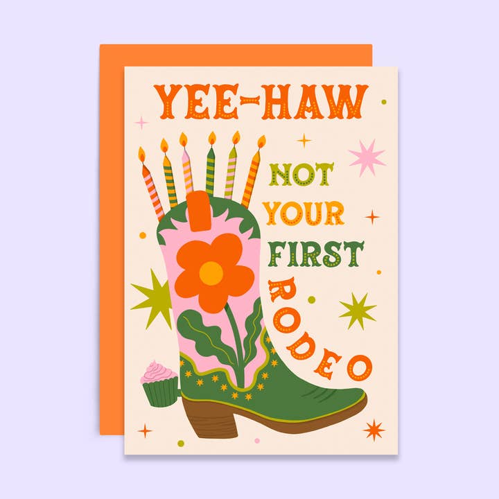 Western Cowgirl Boot Birthday Card | Not Your First Rodeo for wholesale by Tikkled Pink