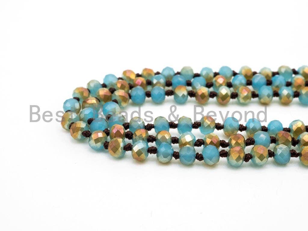 BestBeads&Beyond - Wholesale Beaded/Pearl Necklace - 60"/36" Long Hand Knotted Blue Gold Color Crystal Necklace, Double Wrap Necklace, Turquoise Color 4mm/8mm Rondelle Crystal Beads, SKU#D194