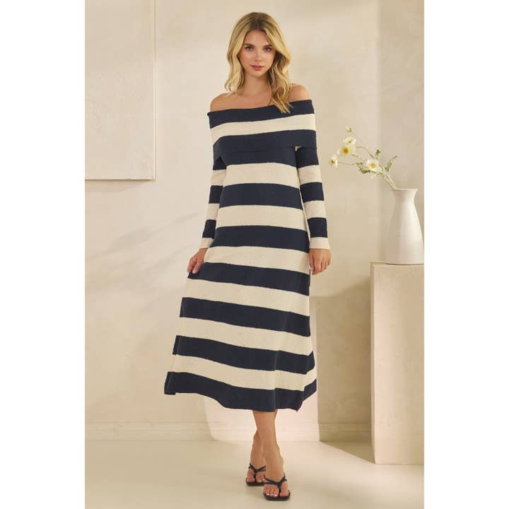 Veveret - Wholesale Dress - Women's - Texture Knit Off-Shoulder Wide Stripe Long Dress 6