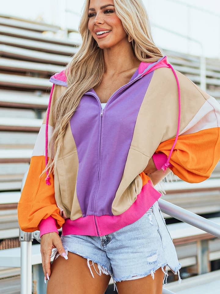 Grapefruit Orange FB Colorblock Patchwork Front Zip Up Hoodie for wholesale on Faire3