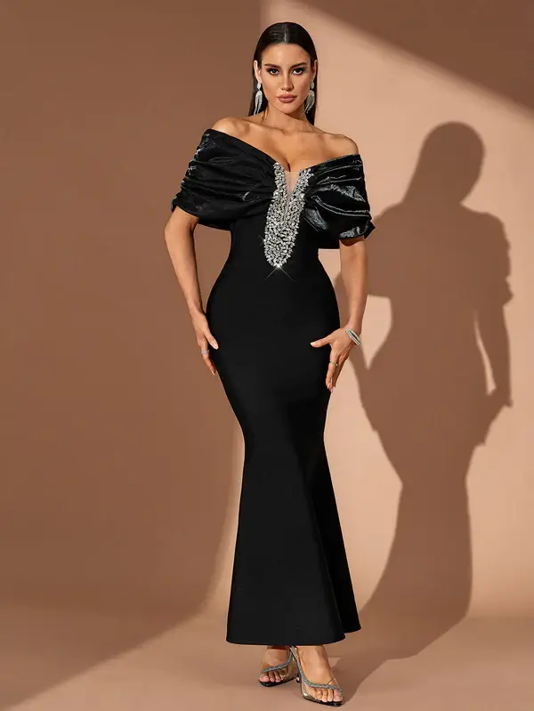 Black Off-Shoulder Crystal Bandage Fishtail  Elegant Evening Gown. for wholesale on Faire4