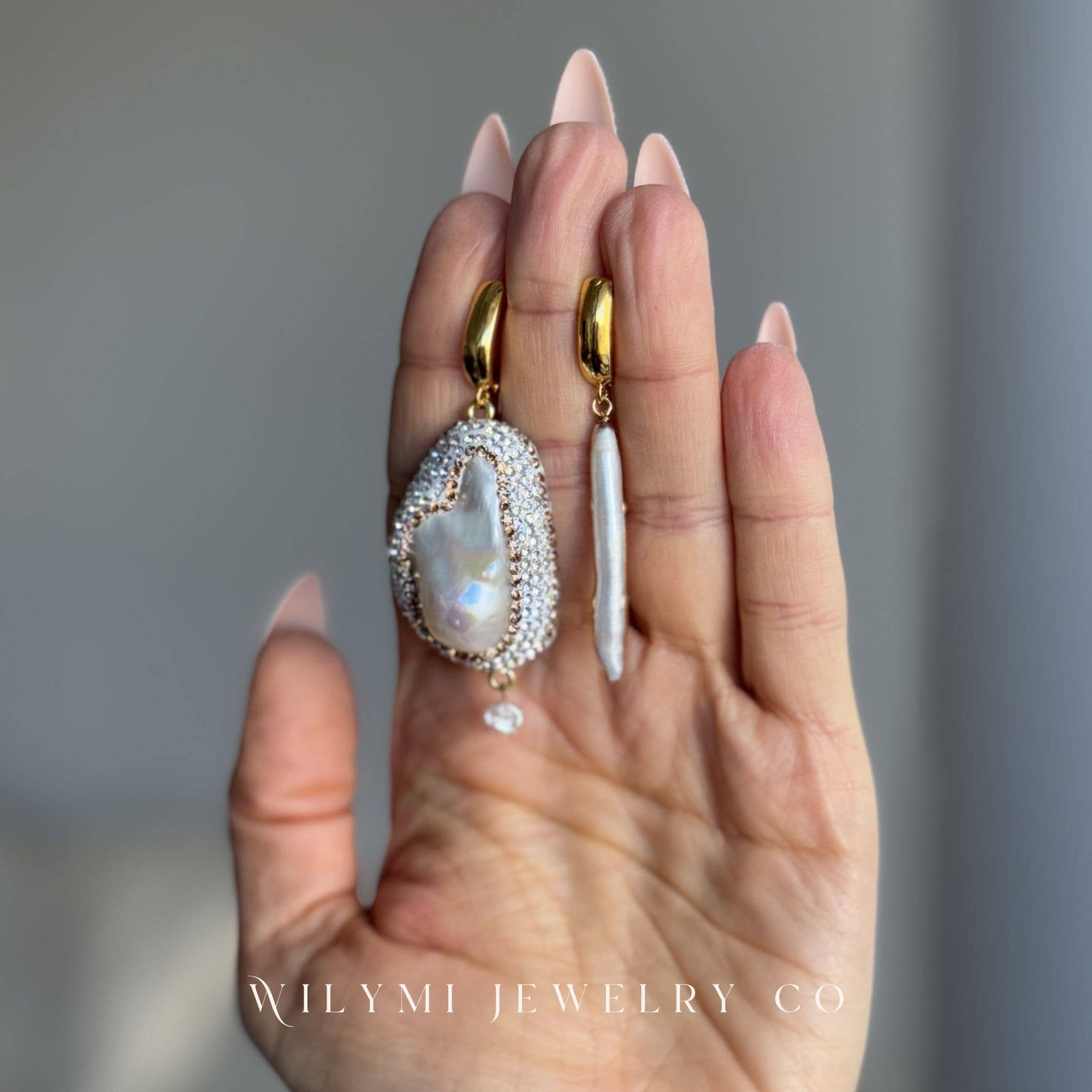 WILYMI Jewelry Co - Wholesale Dangle Earrings - Encapsulate Crystal Mismatched Pearl Earrings | Gold Filled7