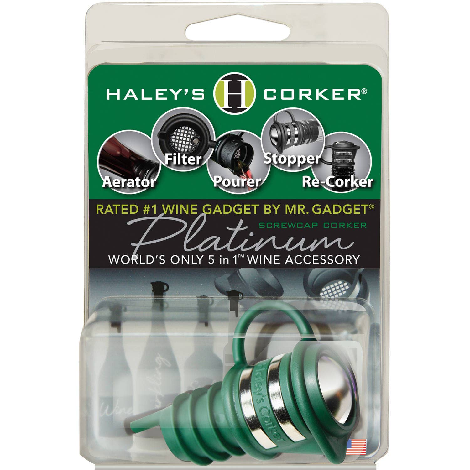 Haley's Corker - Wholesale Wine Tool Set - Carded Platinum Corker - Green Screw Cap Wine Bottles0
