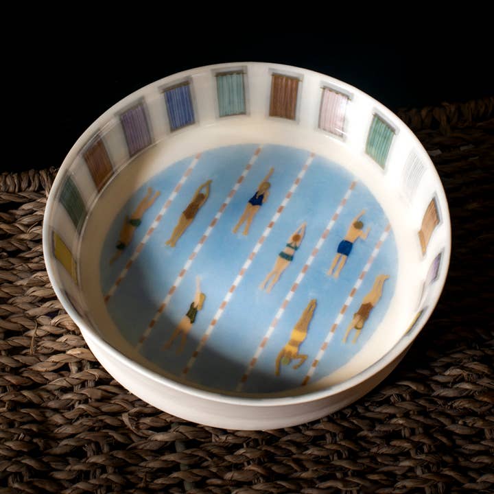 Individually Handmade Porcelain 'Lido Swimmers' Bowl for wholesale by Becky Mackenzie Ceramics