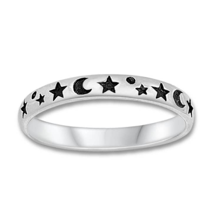 Moon and Stars Thin Sterling Silver Band/Stacked Ring for wholesale by Moonrise Jewelry
