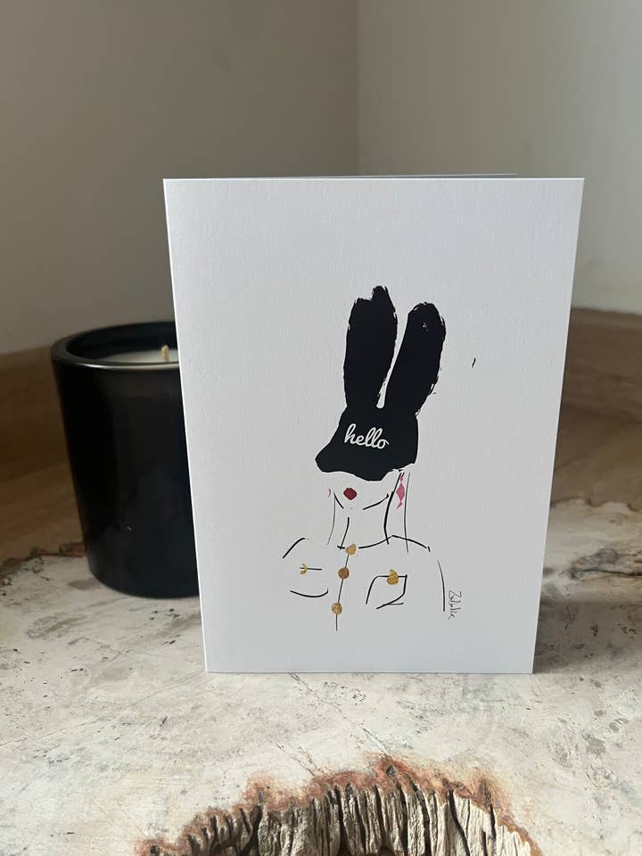 'Hello Chic Bunny Hat' Card for wholesale by Zoe Doodler