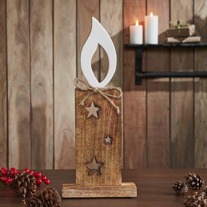 VHC Brands - Wholesale Decorative Tabletop Object - White Flame Natural Candle w/ Stars Wooden Figurine 17x7x20