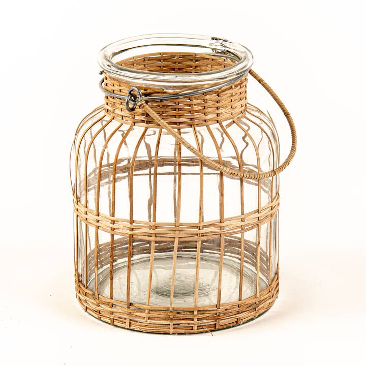 Natural Rattan & Glass Large Hurricane Candle Holder for wholesale by Amara