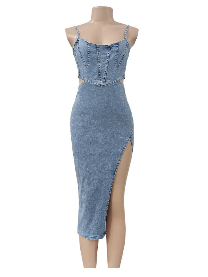 Blue Stylish Slit Suspender Sexy Denim Dress for wholesale on Faire