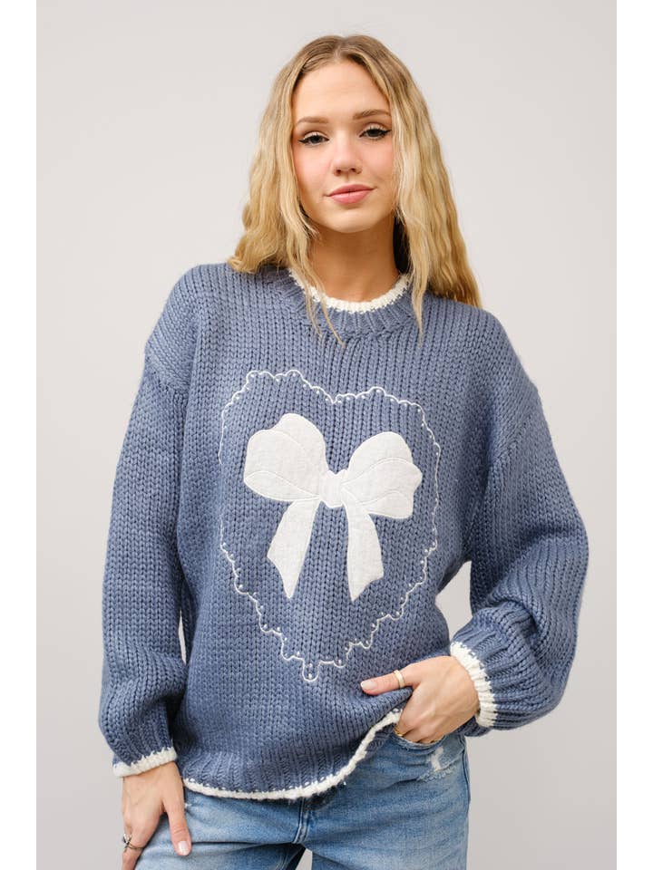 NAVY 18097W - Bow Embroidered Loose Fit Sweater for wholesale on Faire