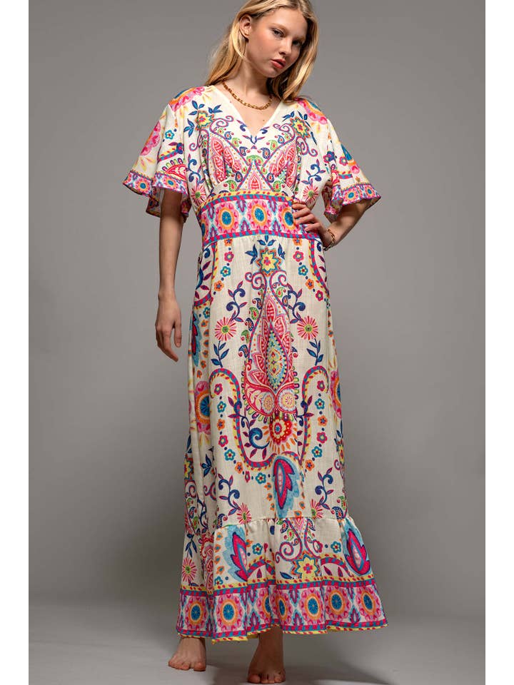IVORY Oversized Paisley Flutter Sleeve Smocked Dress for wholesale on Faire