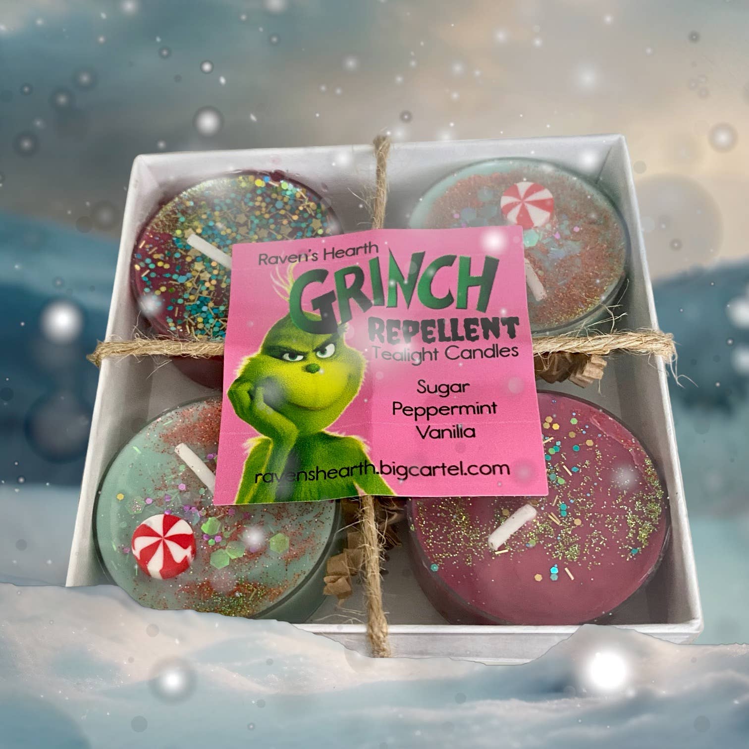 Raven’s Hearth – wholesale Burkljus – Grinchavvisande doftljus | Pepparmynta och vanilj | Juldoft3