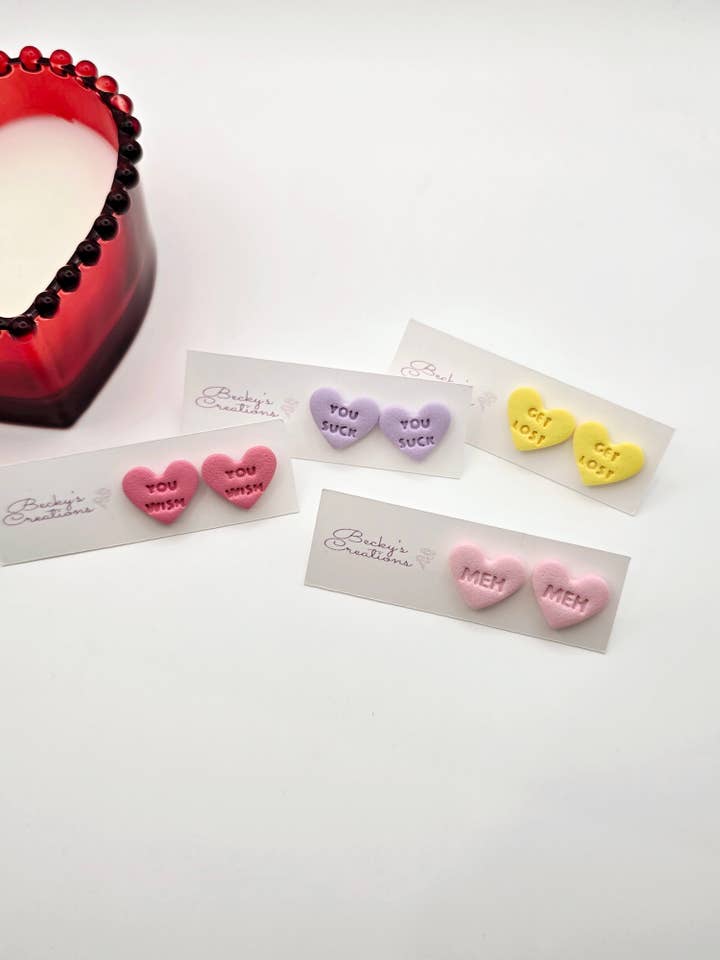 Anti-Valentines Conversation hearts studs for wholesale by Beckys Creations