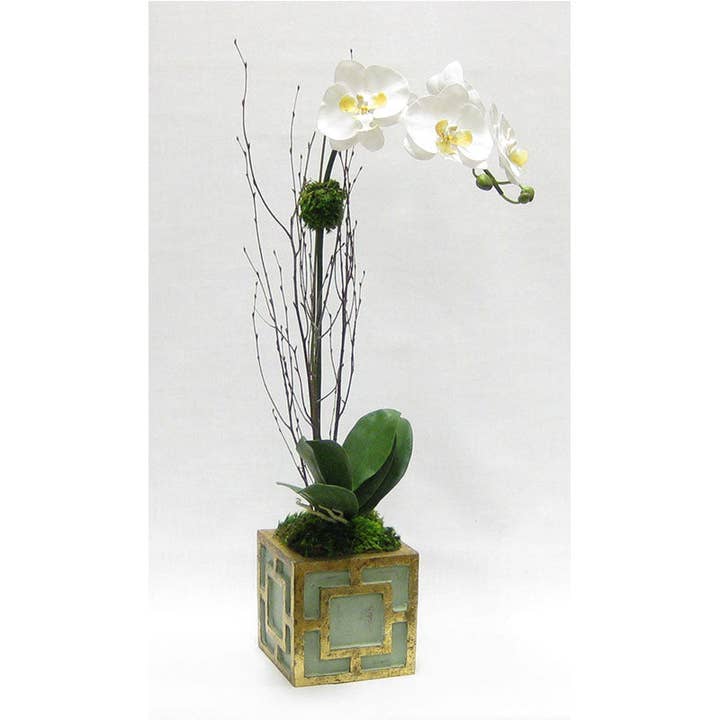 Houten Mini Vierkante Container met Vierkante Groene & Antieke Gouden - Witte & Gele Orchidee Kunstmatig voor wholesale door Bougainvillea