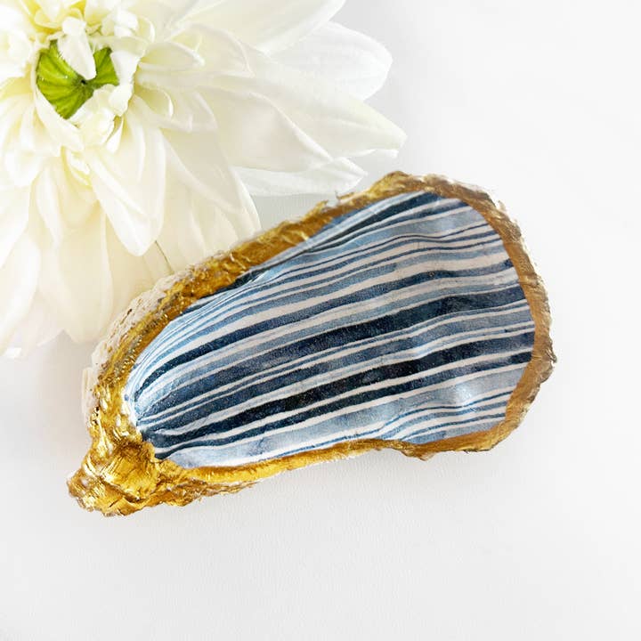 Modern blue Lines Decoupage Oyster Shell Trinket Dish for wholesale by Adori Designs