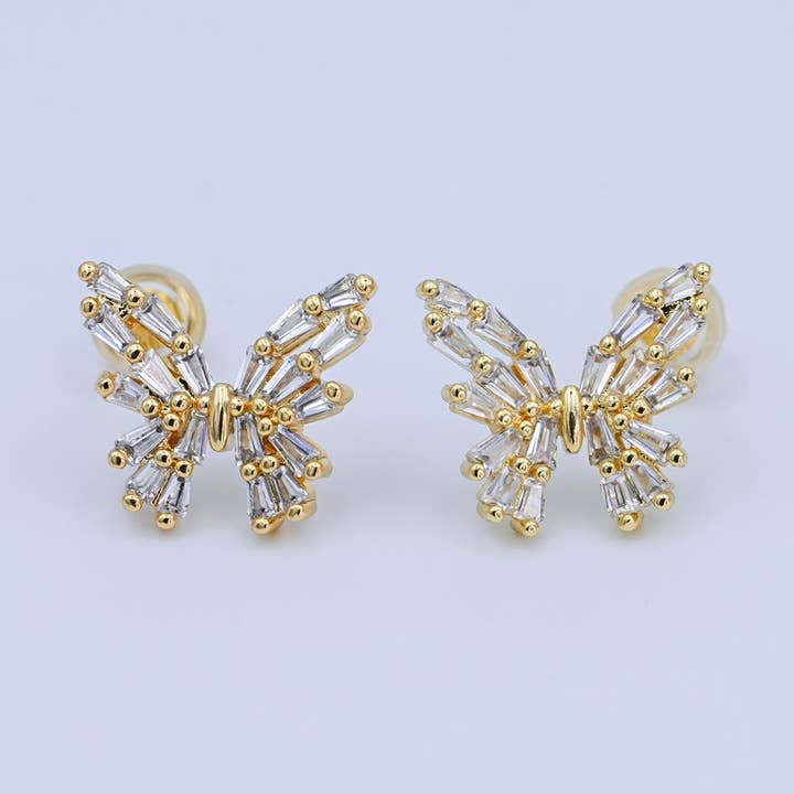 24K Gold Filled Baguette CZ Butterfly Insect Stud Earrings | AB872 for wholesale by Aim Eternal