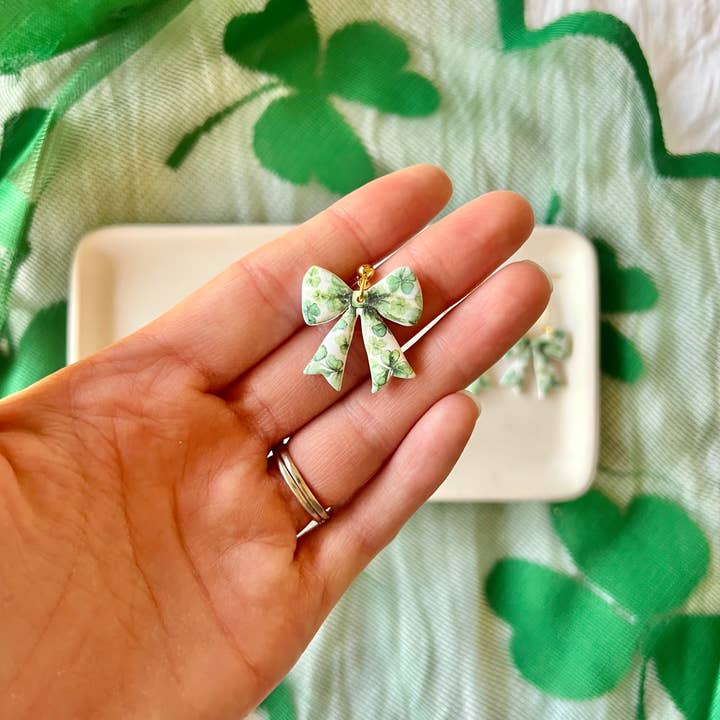 SeizeTheClayJewelry – wholesale Dangle earrings – Clover Bow Earrings, Shamrock Bow Earrings, Lucky Bow