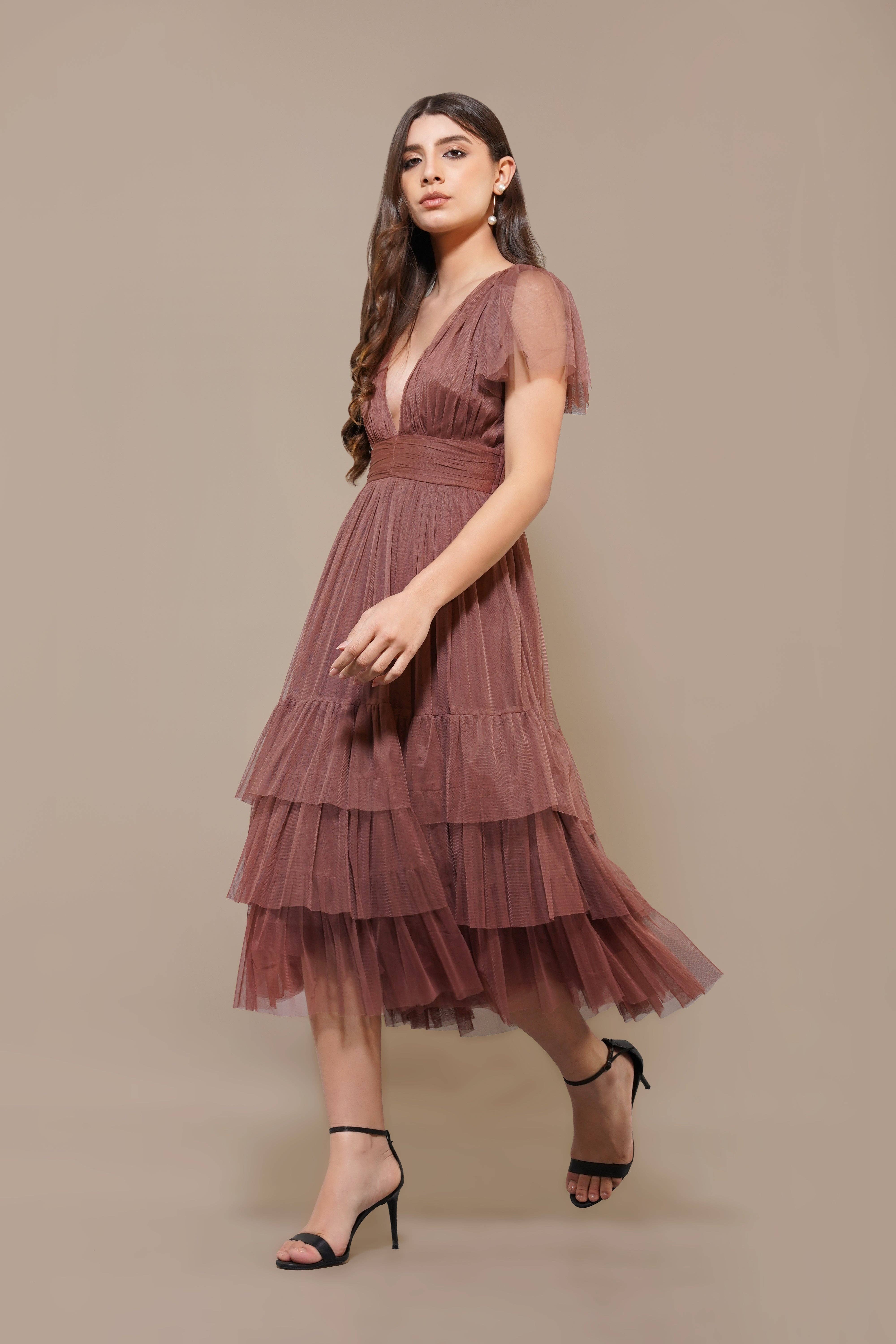 Madison Rose Brown Tulle Bridesmaid Midi Dress for wholesale on Faire3